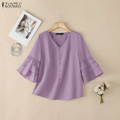 ZANZEA Woman Casual Blouses Elegant V-Neck 3/4 Layered Ruffle Sleeves Solid Color Tops 2026 Summer Everyday Wear Work Blusas