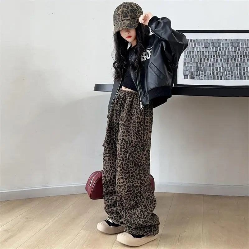 Girls' Leopard Print Cargo Pants 2026 Spring Autumn Street Dance Loose Wide Leg Pants for Kids 5-12 Years