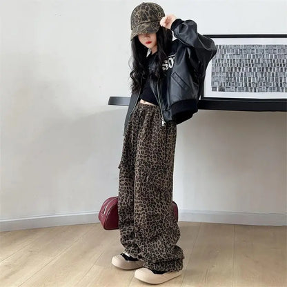 Girls' Leopard Print Cargo Pants 2026 Spring Autumn Street Dance Loose Wide Leg Pants for Kids 5-12 Years