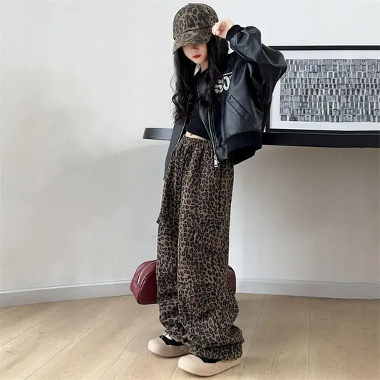 Girls' Leopard Print Cargo Pants 2026 Spring Autumn Street Dance Loose Wide Leg Pants for Kids 5-12 Years