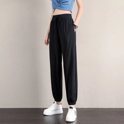 1pcs Summer Womens Ice Silk Pants Female High Elastic Waist Drawstring Pocket Loose Straight Trousers Student Sports Harun Pants