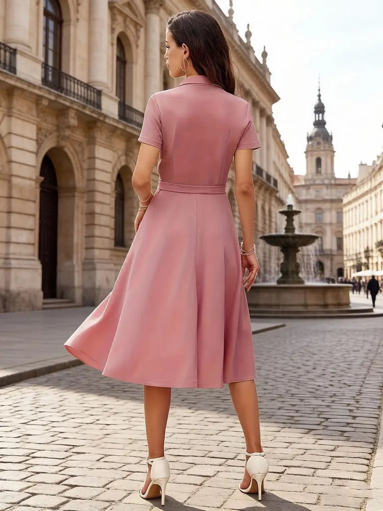 Women Summer Casual Short Sleeve Shirt Dress Pink Vintage Button Down Midi Dress with Belt Tie A Line Flare Dress Office Work