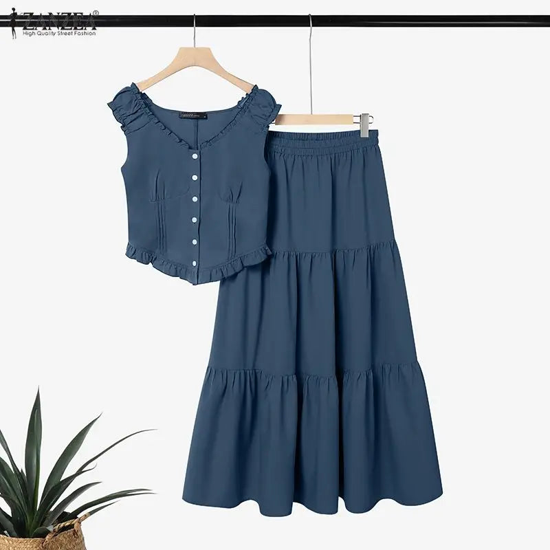 ZANZEA Women's Korean Fashion Skirt Suits Ruffles Trim Sleeveless Top & A-Line Maxi Skirt 2 Piece Sets Casual Elegant Outfits