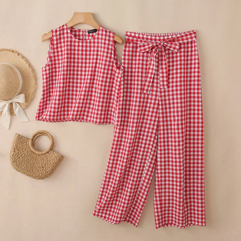 ZANZEA Women Summer Gingham 2 Piece Pant Sets Casual O-Neck Tank Top & Belted Pant Suits Everyday Wear Commute 2pcs Sets Outfits