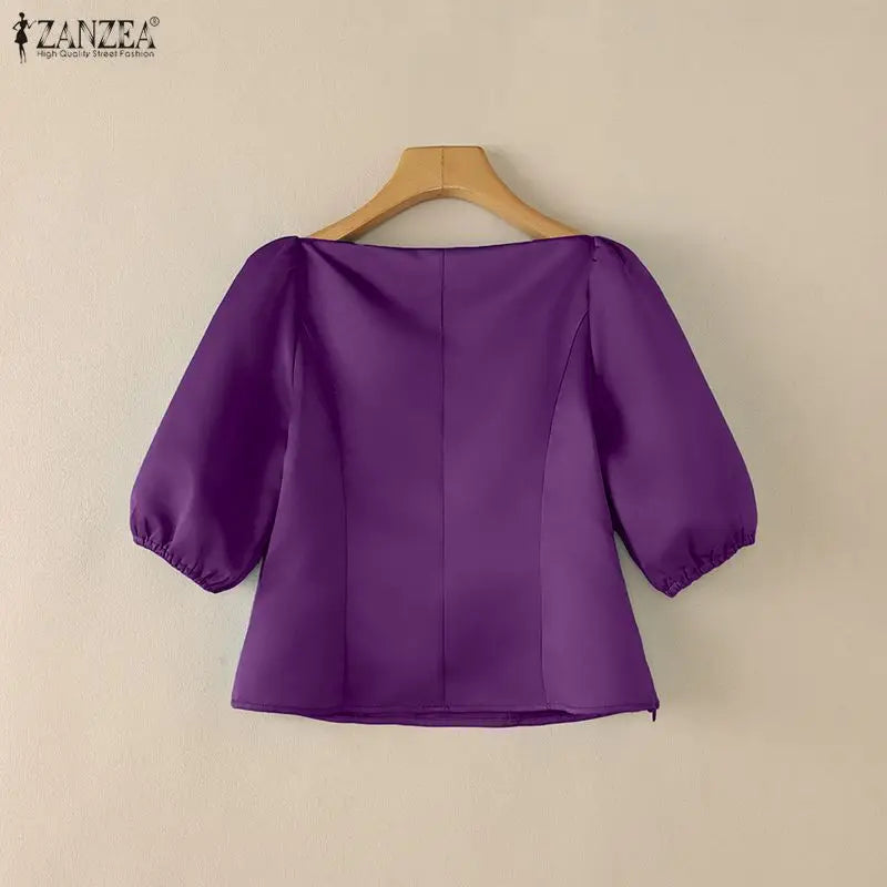 ZANZEA Woman Elegant Satin Blouses Boat Neck Puff Sleeves Princess Seams Solid Color Crop Tops Summer Graceful Party Blusa Mujer