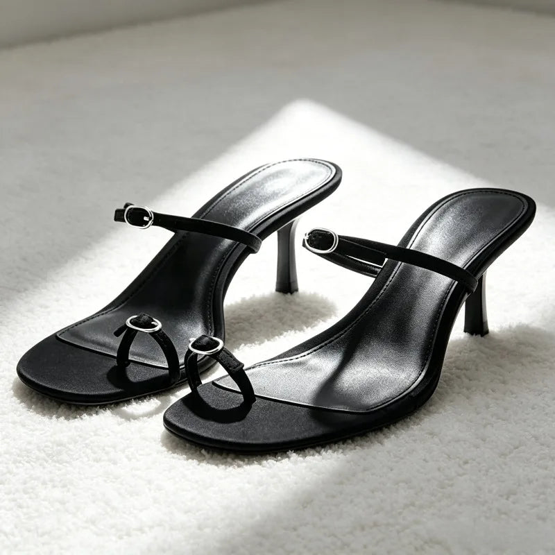 Unique Metal Buckle Detail Mule Sandals Women Cozy Adjustable Narrow-band Kitten-heel Slide Sandals Elegant Clip Toe Flip Flops