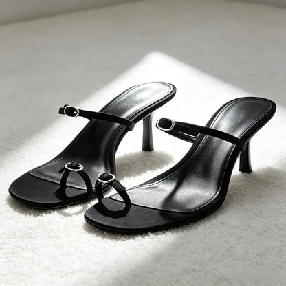 Unique Metal Buckle Detail Mule Sandals Women Cozy Adjustable Narrow-band Kitten-heel Slide Sandals Elegant Clip Toe Flip Flops