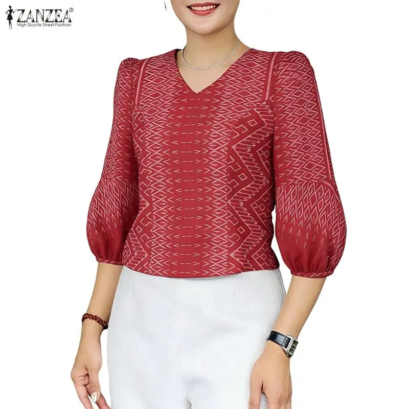 ZANZEA Woman Vintage Ethnic Print Blouses V-Neck 3/4 Lantern Sleeve Princess Seam Short Tops Summer Side Zipper Blusas de Mujer