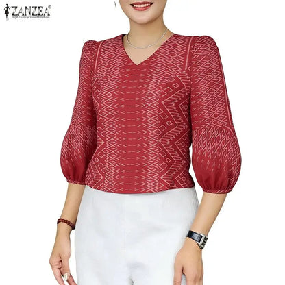 ZANZEA Woman Vintage Ethnic Print Blouses V-Neck 3/4 Lantern Sleeve Princess Seam Short Tops Summer Side Zipper Blusas de Mujer