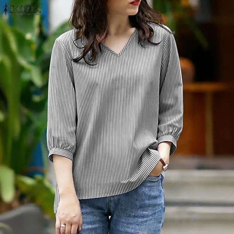 ZANZEA Woman Minimalist Striped Blouses Casual V-Neck 3/4 Puff Sleeve High-Low Tops Spring Summer Day Wear Blusas de Mujer