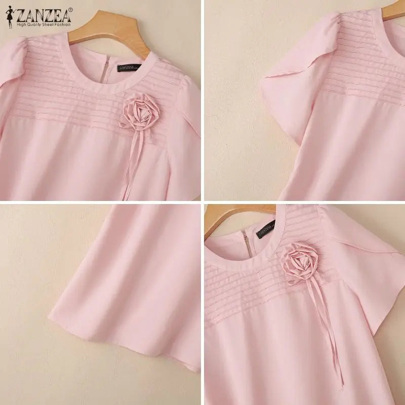ZANZEA Summer Women Blouse Short Sleeve Elegant Flower Pleated O Neck Casual OL Work Tunic Tops Casual Blusas Streetwear