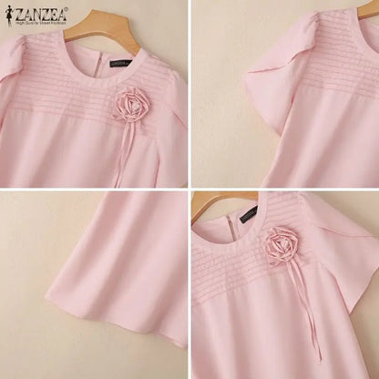 ZANZEA Summer Women Blouse Short Sleeve Elegant Flower Pleated O Neck Casual OL Work Tunic Tops Casual Blusas Streetwear