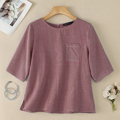 ZANZEA Woman Gingham Check Loose Blouses O-Neck Half Sleeves Pocket Detail Side Slit Tunic Tops Summer Casual Daily Wear Blusas