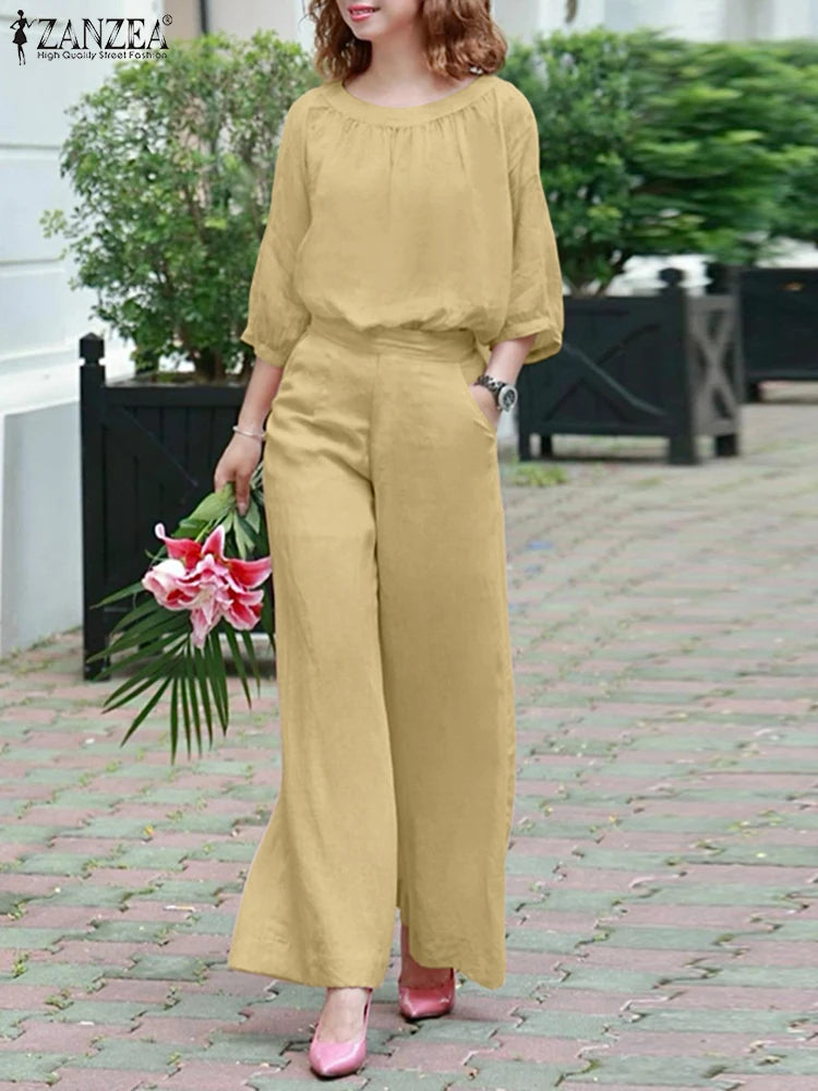 ZANZEA Autumn 2PCS Outfits Fashion Women Two Pieces Sets O Neck Long Sleeve Blouse Pant Sets Casual Solid Loose Work Tracksuits