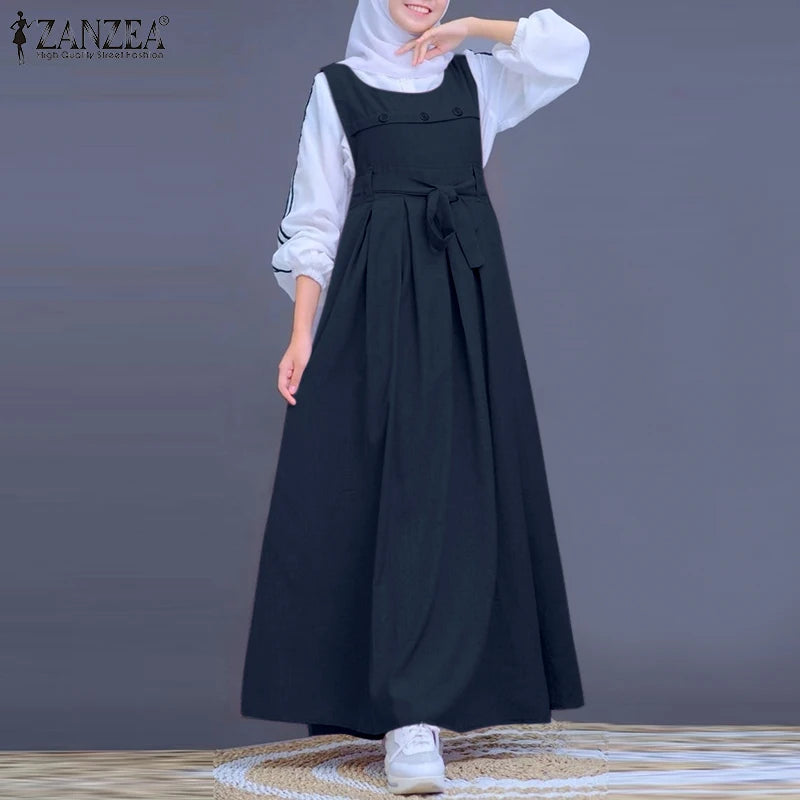 ZANZEA Muslim Abaya Hijab Dress Women Spring Maxi Long Dress Fashion Summer Sleeveless Overalls Dresses Kaftan IsIamic Clothing