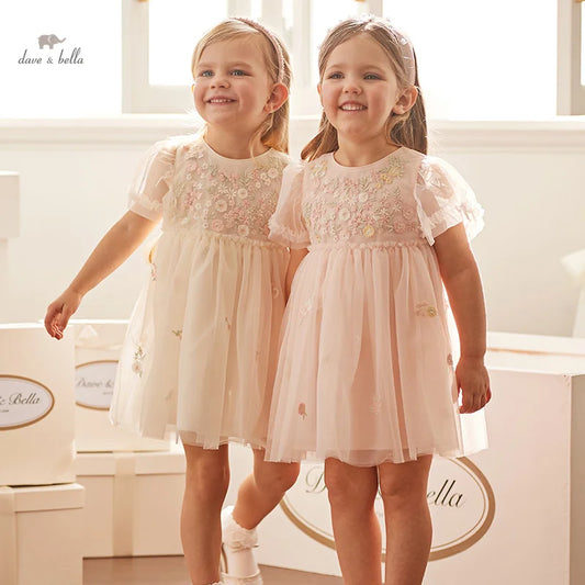 Dave Bella Children's Princess Dress for Girls 2025 New Summer Floral Puff Sleeves Mesh Charm Noble Cute Sweet Party DB2240549