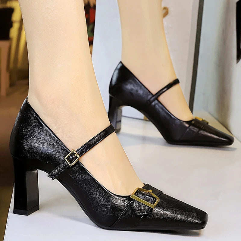 BIGTREE Shoes Metal Belt Buckle Women Pumps Square Head High Heels Thick Heeled Shoes With Women Heels 7 CM Retro Ladies Pumps