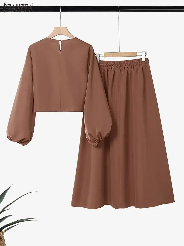 ZANZEA Spring Elegant Long Sleeve Dress Sets Stylish Women 2 Piece Sets Office Outfits Solid Cropped Blouse Skirt Tracksuit 2026