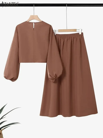 ZANZEA Spring Elegant Long Sleeve Dress Sets Stylish Women 2 Piece Sets Office Outfits Solid Cropped Blouse Skirt Tracksuit 2026