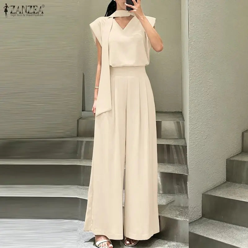 ZANZEA Women Minimalist 2pcs Matching Pant Sets Sashes V-Neck Blouses & Elastic Back Waist Wide Leg Pants Suits Outfits Commute