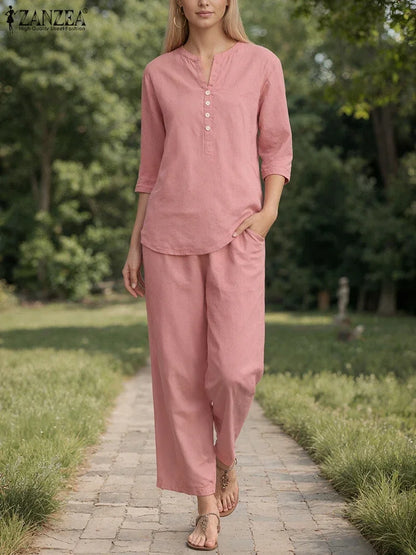 2025 Autumn Pant Sets ZANZEA Women 2PCS Outfits Elegant 3/4 Sleeve Blouse Wide Leg Trousers Suit Fashion Solid OL Work Tracksuit