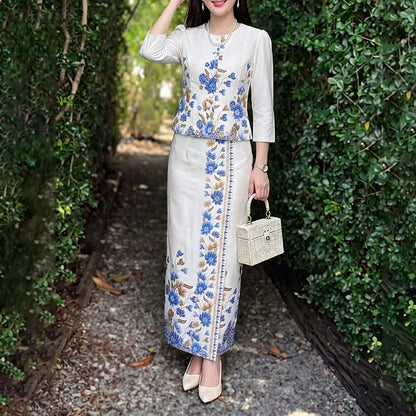 ZANZEA Autumn Outfits Dress Sets Floral Print Elegant 3/4 Sleeve Buttons Up Tops With A Line Skirt Two Piece Sets Oversize