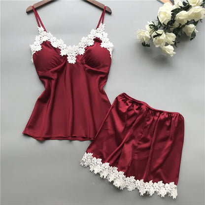 New European and American multi-color multi-size deep V waist lace suspender and lace shorts loungewear two-piece set