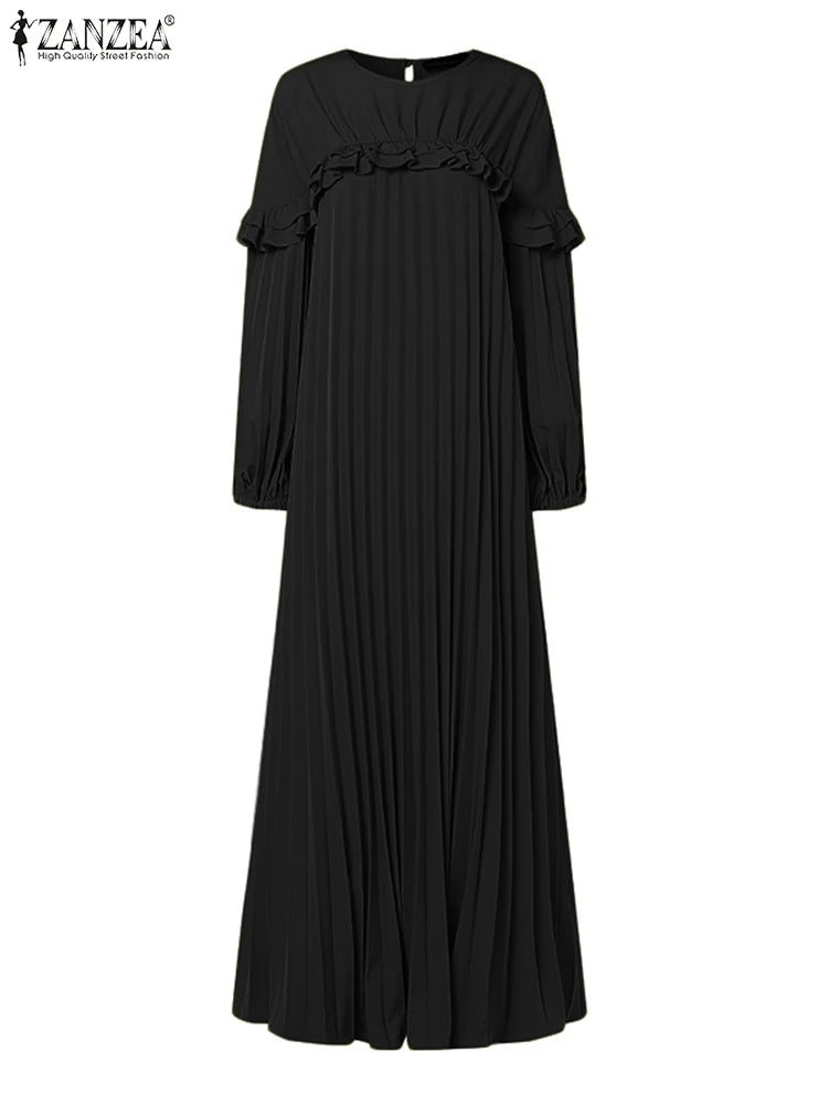 Muslim Elegant Maxi Dresses 2025 ZANZEA Spring Fashion Women Long Sleeve Pleated Party Sundress IsIamic Robe Turkey Dubai Abaya