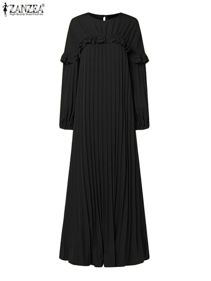 Muslim Elegant Maxi Dresses 2025 ZANZEA Spring Fashion Women Long Sleeve Pleated Party Sundress IsIamic Robe Turkey Dubai Abaya