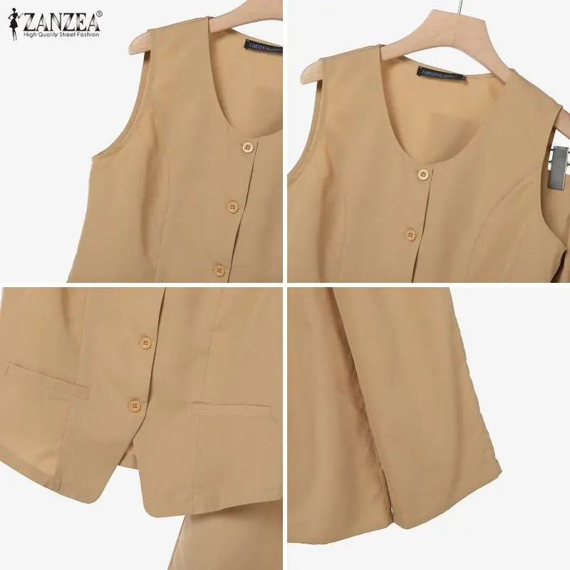 ZANZEA Women's Old Money Pant Suits Vintage U-Neck Vest Tops & Wide-Leg Pants 2 Pieces Sets Summer Office Commute 2pcs Outfits