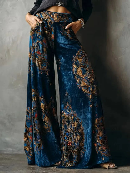 New women's velvet wide-leg pants - high-waisted, thick, soft and elastic, providing good warmth. Blue-green retro oriental geometric print, Bohemian style pocket design. Luxurious pants, suitable for festival parties, office