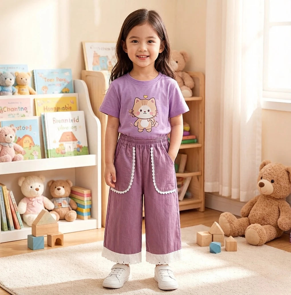 Girls' Casual Joggers 2026 Spring Summer Wide Leg Kids' Sport Pants Stylish Elastic Waist Toddler Clothing