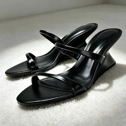 fashion double-strap detail wedge sandals women Elegant round-toe open-toe slide sandal comfortable women shoes zapatos de mujer
