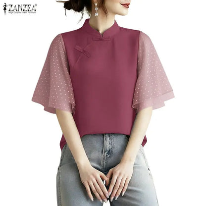 ZANZEA Woman Elegant Blouses Vintage Mandarin Collar Polka Dot Mesh Patchwork Half Sleeve Tops Summer Casual Blusas de Mujer