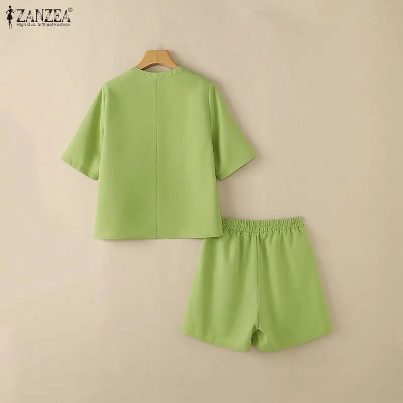ZANZEA Fashion Women 2 Pieces Sets 2PCS V Neck Short Sleeve Blouse Short Sets Casual Solid Color OL Work Outfit Summer Tracksuit