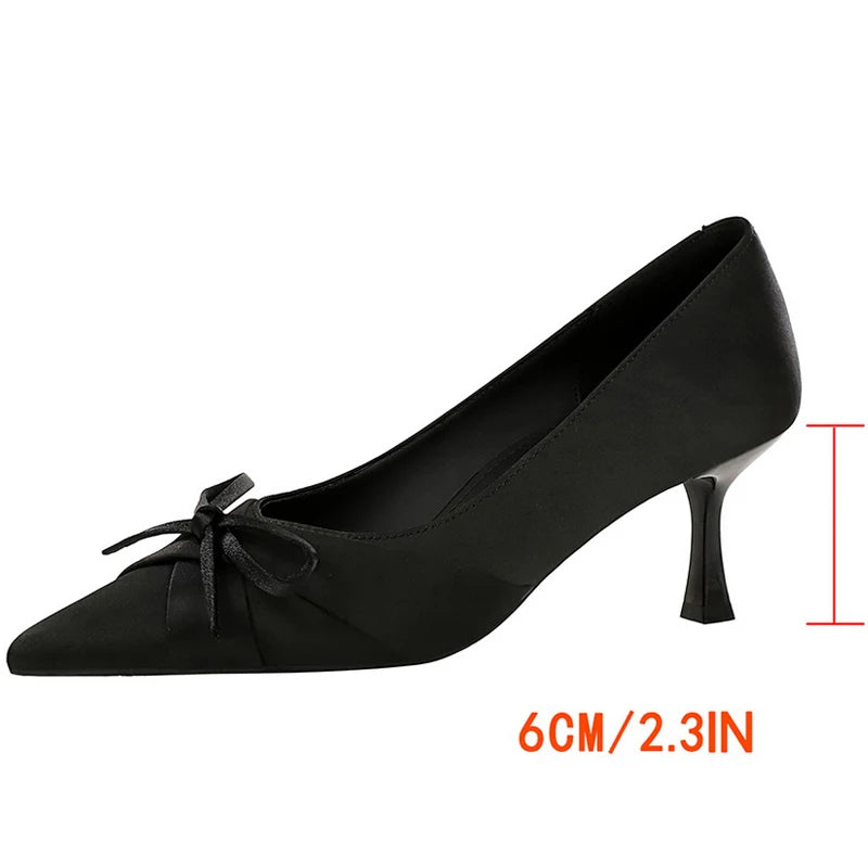 BIGTREE Shoes Silks Satins Women Pumps Bowknot Kitten High Heels Pointed Tip Women Heels Stiletto 6 CM Sexy Party Shoes Pumps