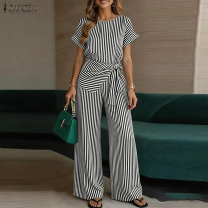 ZANZEA Summer 2PCS O Neck Short Sleeve Blouse Wide Leg Pant Sets Striped Work Tracksuit Fashion Women Outfits 2 Pieces Sets 2026