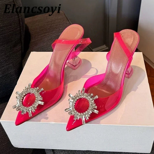 Summer Crystal Flower High Heels Women Transparent PVC Cup Heels Sandals Pointed Toe Back Strap Sandalias Sexy Party Dress Shoes