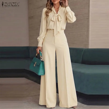ZANZEA Women Elegant Chic Matching Pant Sets Tie Neck Long Sleeve Blouses & Wide Leg Pants 2pcs Suits Office Commute Wear Outfit