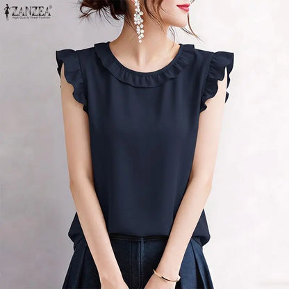 ZANZEA 2026 Women Elegant Regular-fit Blouses Ruffles Trim O-Neck Cap Sleeves Solid Color Tops Summer Lightweight Day Wear Blusa