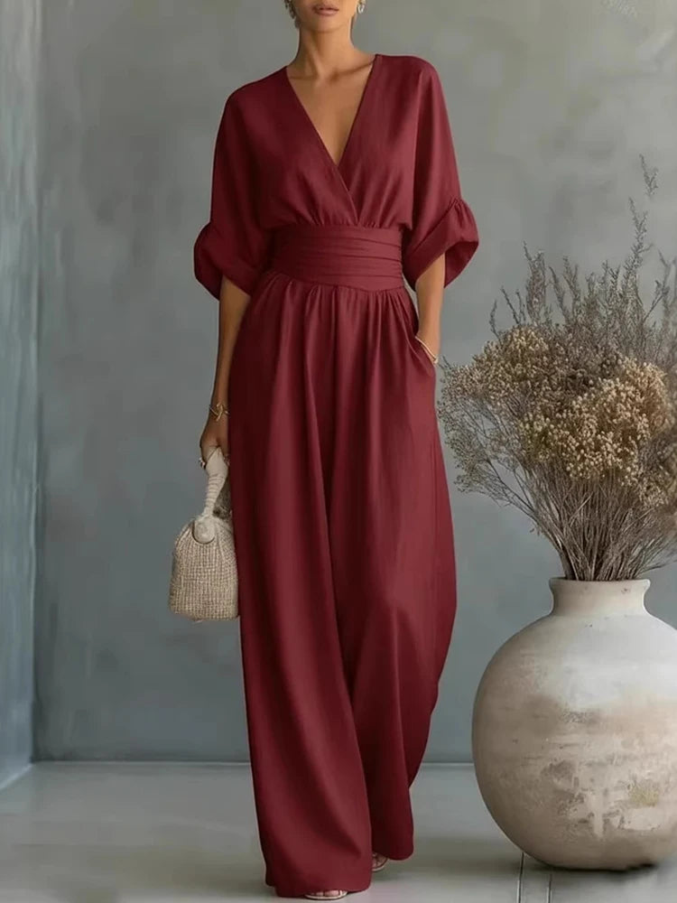 Women Elegant High Waist Jumpsuits Summer Short Sleeve Wide Leg Pants Romper Casual V Neck Solid Loose Jumpsuits Streetwear