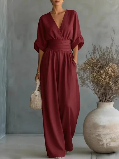 Women Elegant High Waist Jumpsuits Summer Short Sleeve Wide Leg Pants Romper Casual V Neck Solid Loose Jumpsuits Streetwear