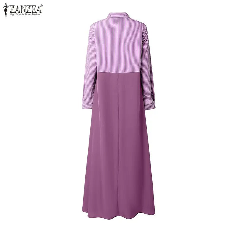 ZANZEA Women Patchwork Muslim Abaya Maxi Long Dress Elegant Casual Long Sleeve Pleated Sundress Loose Kaftan Ramadan Robe Femme