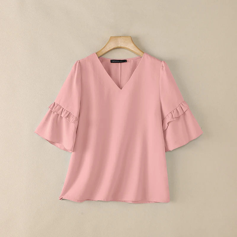 ZANZEA Women Elegant Blouses V-Neck Half Flare Sleeve Ruffles Trim Pullover Tops Summer Daily Casual Solid Color Blusas de Mujer