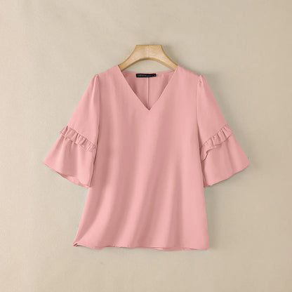 ZANZEA Women Elegant Blouses V-Neck Half Flare Sleeve Ruffles Trim Pullover Tops Summer Daily Casual Solid Color Blusas de Mujer