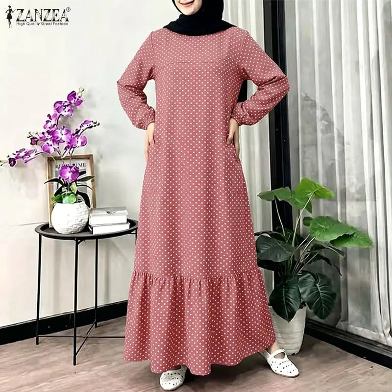ZANZEA Casual Polka Dots Printed Women Muslim Abaya Dress O Neck Long Sleeve Sundress Dubai Robe Kaftan Bohemian Maxi Dresses