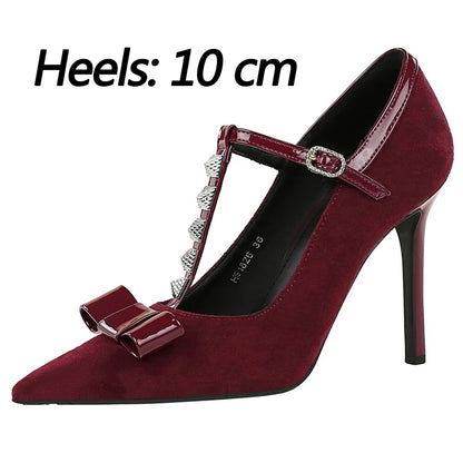 BIGTREE Shoes Rivet Women Pumps T-shaped Buckle High Heels Bowknot Stiletto Suede Women Pumps Buckle Sexy Party Shoes Women Heel