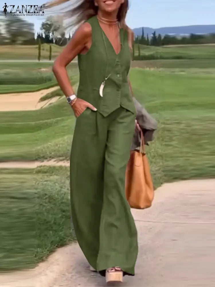 Stylish Summer Tracksuits Women Blazer Suit Solid Tanks Tops & Wide Leg Pants ZANZEA Elegant Matching Sets Work Outfits