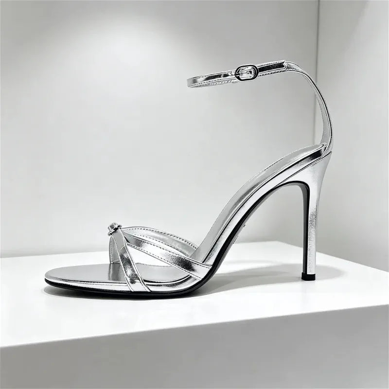 Elegant Patent Leather Silver Heeled Sandals Women Sexy Open Toe Ankle Strap Buckle Thin High Heels Party Wedding Designer Shoes