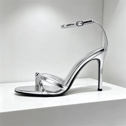 Elegant Patent Leather Silver Heeled Sandals Women Sexy Open Toe Ankle Strap Buckle Thin High Heels Party Wedding Designer Shoes